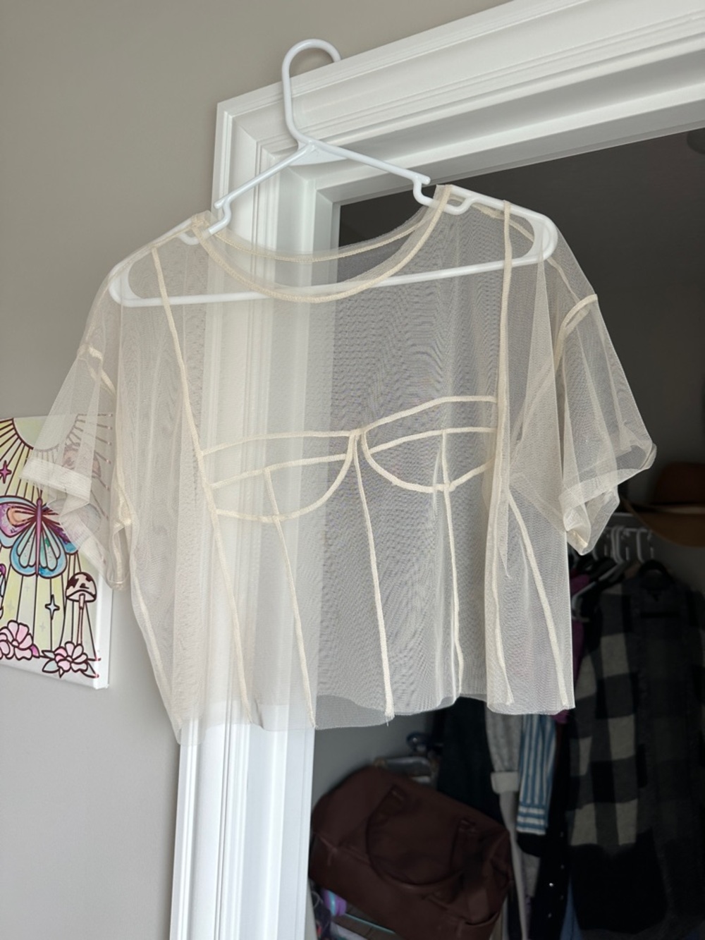 Sheer Ivory Mesh Crop Top with Contrast Seams